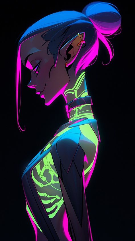 Neon Artwork Illustrations, Neon Lighting Reference, Cyberpunk Illustration Character Concept, Glitch Character Design, Colorful Character Design, Cyberpunk Art Style, Neon Character Design, Neon Color Art, Neon Illustration