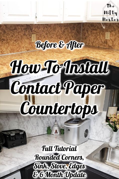 I installed these contact paper countertops in my kitchen, around the sink and stove, around the rounded corners and over the countertop edge. I also shared my 6 month update. DIY marble contact paper countertops are cheap and durable. You can see in the before and after photos how much of a transformation they made. They are easy to clean and maintain. #contactpapercountertops #howto #diyremodel #diyhomeimprovement #contactpaper #diymarblecountertops #diy #kitchenremodel #beforeandafter Vinyl Laminate Countertops, Kitchen Peel And Stick Counter Tops, Laminate Countertops Redo Contact Paper, How To Cover Tile Countertops Diy, How To Cover Formica Countertops, Contact Paper Countertop Rental, Vinyl Peel And Stick Countertops, How To Cover Laminate Countertops, Cover Laminate Countertops Diy