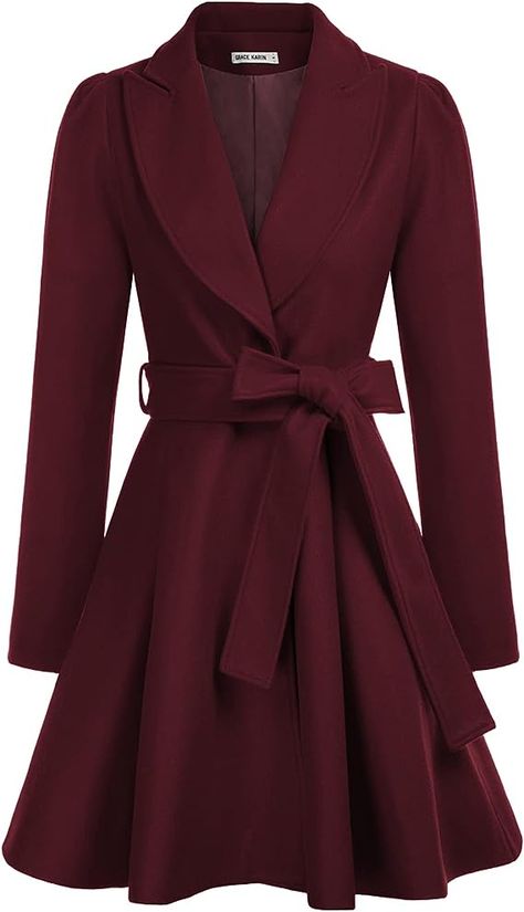 GRACE KARIN Women's Notch Lapel Long Puff Sleeve a Line Pea Coat with Self Tie Belt Petite Winter Coats, Winter Pea Coat, Womens Dress Coats, Pea Coats Women, Red Trench Coat, Cute Coats, Lapel Coat, Long Coat Jacket, Elegant Coats