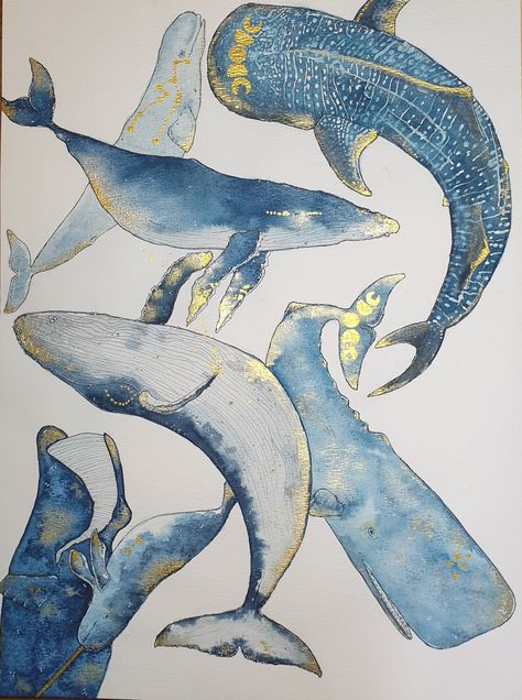 Art With Gold Leaf, Art With Gold, Gold Illustration, Gold Whale, Vintage Page, White Whale, Whale Art, Surf Art, Mermaid Art