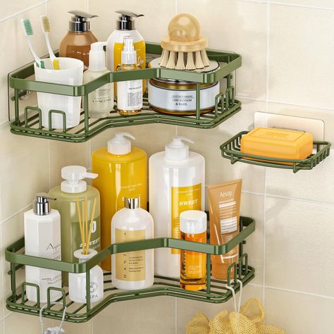 PRICES MAY VARY. Larger Storage Space: 3 pack shower caddy makes full use of corner space and has a larger capacity,making it easier to hold heavier bath products. The shower organizer has 8 hooks to hang brushes,sponges and razors,the soap holder can store small items Easy Installation: No drilling, no tools needed. Find the 90° corner of the wall, clean and keep it dry, hang the shower organizer corner on the back sticker and leave it for 24 hours before placing items Premium Metal Material: C Bathroom Small Space Storage, Very Small Bathroom Organization Ideas, Bathroom With Green Accessories, Small Shower Storage Solutions, Shower Organizer Ideas Bathroom, Aesthetic Shower Caddy, Friends Themed Bathroom, Greenery Apartment Decor, Shower Shelving Ideas