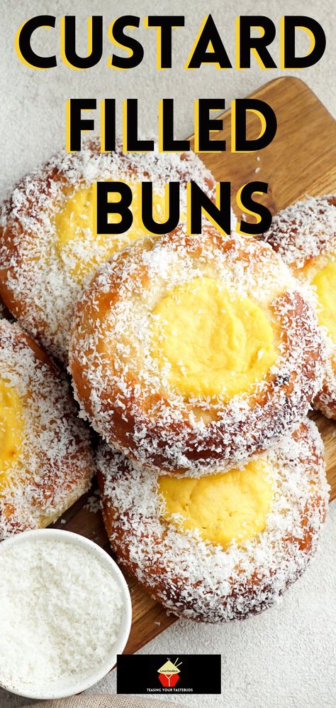 Sweet Buns Recipe Desserts, Custard Buns Recipe, Custard Rolls, Filled Buns, Custard Bread, Easy Buns, Dessert Pies, Custard Buns, Cream Bun