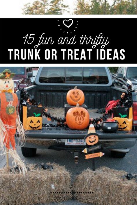 Trunk or treats can be so fun, but having to plan out a cute trunk can be super stressful! Here are 15 of my best diy trunk decorating ideas that everyone can do!! #easydiy #halloween #thriftytips #trunkortreat | happymoneysaver.com Thrifty Trunk Or Treat Ideas, Trunk Or Treat For Pickup Trucks, Easy Trunk Or Treat Ideas For Pick Up Trucks, Simple Diy Trunk Or Treat Ideas For Cars, Trunk Or Treat With A Truck, Easy Trunk Or Treat Ideas For Suv Diy, Trunk Or Treat Themes For Trucks, Truck Trunk Or Treat Ideas Pickup, Trunk Or Treat Ideas For Trucks Easy