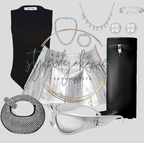 Black And Silver Outfits Black Women, Black And Silver Club Outfit, Silver Purse Outfit Black Women, Silver Knee High Boots Outfit, Silver Metallic Skirt Outfit, Sliver Outfit Ideas Black Women, Concert Outfit Black Women Silver, Silver Skirt Outfit Black Women, Metallic Skirt Outfit Black Women