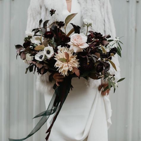 20 Gorgeous Dark & Moody Bouquets We're Loving! | One Fab Day | OneFabDay.com Ireland Moody Wedding Flowers, Burgundy Bouquet, Dahlia Tubers, Goth Wedding, Dark Wedding, Moody Wedding, Purple Orchids, Halloween Wedding, Head Start