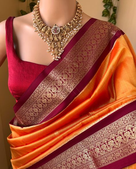 Mango yellow art silk saree with contrast maroon zari border.. completely gives a traditional look by adding small thread checks all over saree. Comes with contrast maroon blouse piece. Wash care: Normal wash #artsilksarees #silksaree #mangoyellowsaree #yellowsaree Mango Yellow Saree With Contrast Blouse, Yellow Pattu Saree Wedding, Kanjeevaram Blouse Designs, Pattu Sarees Wedding, Yellow Silk Saree, Wedding Blouses, Mango Yellow, Zari Saree, Indian Wedding Bride