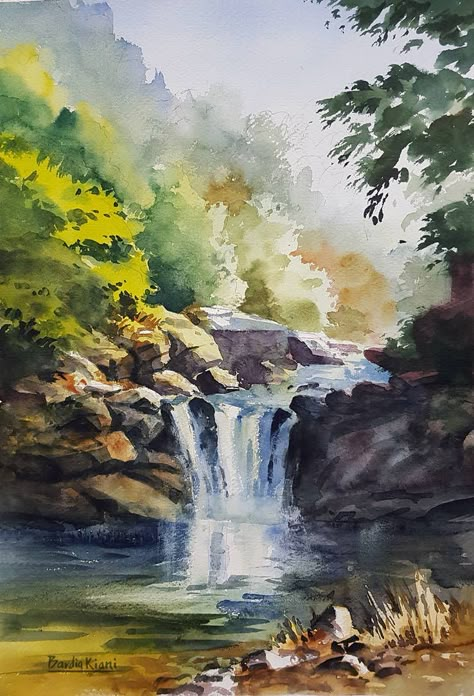 Shiba Yuetan Waterfall by BardiaKiani on DeviantArt Watercolor Scenery, Watercolor Art Landscape, Waterfall Paintings, Watercolor Paintings Nature, Watercolour Landscape, Airbus A380, Art Watercolor Painting, Watercolor Projects, Landscape Art Painting