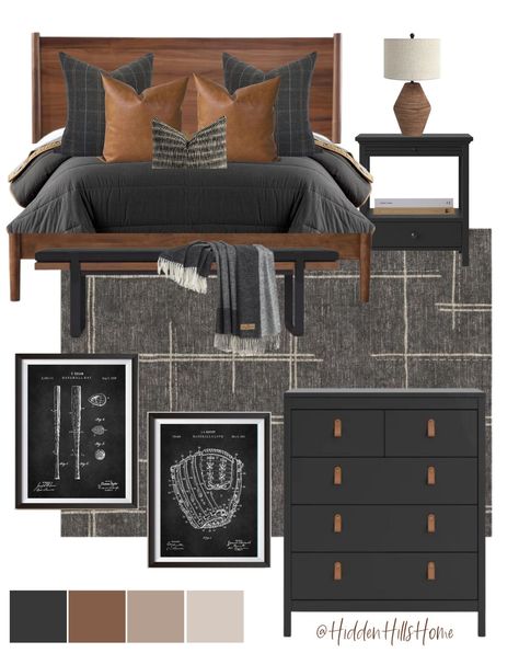 Masculine Main Bedroom, Masculine Master Suite, Masculine Home Aesthetic, Masculine Bedroom Mood Board, Main Bedroom Ideas Master Suite Color Schemes Accent Walls, College Boy Bedroom, Mans Bedroom Ideas, Boys Teen Bedroom, Mens Home Decor