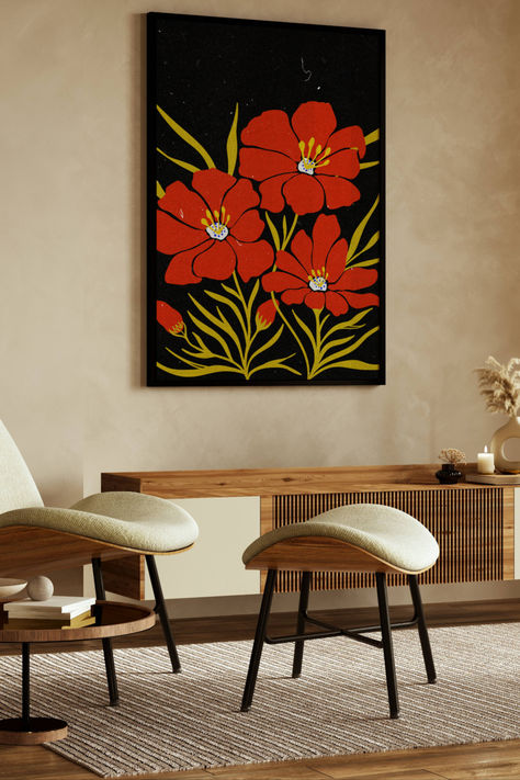 70s aesthetic floral art print with Matisse style flowers in moody and bold colors. Lovely retro flower illustration poster, perfect for enhancing up any space, be it your living room, bedroom, office, or anywhere else. This print also makes a thoughtful and unique gift for your friend for a special event like Christmas, birthday, or housewarming. FREE worldwide shipping! #sale #etsy #somaprintsart #poster #retrodecor #moodyfloral #70sdecor #aestheticdecor #retrowallart #retroflowers #groovy 70’s Decor, 60s Decor, 70s Wall Art, Wall Art Matisse, Matisse Wall Art, Art Matisse, 70s Decor, Aesthetic Floral, Funky Wall Art