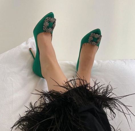 Emerald moment. Manolo Hangisi available to buy/rent from My Wardrobe HQ Buy: £350, RRP: £795 Rent from £15 per day Green Manolo Blahnik, Feather Pajamas, Feather Outfit, Manolo Blahnik Hangisi, Mule Heels, Shoes Photography, Aesthetic Shoes, Classy Jewelry, Fashion 101