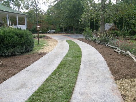 Exposed Aggregate Driveway with grass strip - Traditional - Landscape - Atlanta - by Legacy Landscape Design, LLC | Houzz Strip Driveway, Driveway Strip, Aggregate Concrete Driveway, Exposed Aggregate Driveway, Aggregate Driveway, Lots Of Land, Exposed Aggregate Concrete, Aggregate Concrete, Exposed Aggregate