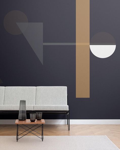 MuralsWallpaper on Instagram: “Create a simple and effortless living room decor with the Henry mid century modern wallpaper mural. Installed as an accent wall, this…” Masculine Decor Living Room, Geometric Wallpaper Design, Masculine Living Rooms, Mid Century Modern Wallpaper, Bedroom Wall Designs, Sophisticated Decor, Bedroom Wall Paint, Mid Century Modern Living Room, Wall Paint Designs