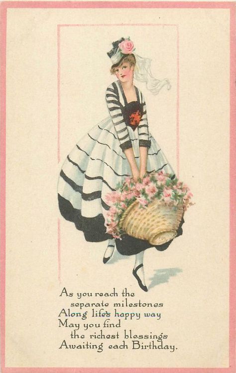 Vintage Birthday Cards For Women, Birthday Greetings For Women, Art Deco Glamour, Illustrated Ladies, Happy Birthday Vintage, Vintage Birthday Cards, Birthday Cards For Women, 22 November, Postcard Art