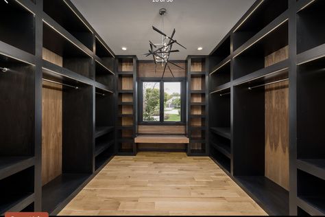 Dark Wood Shelves, Bench Window, Window Lighting, Black Closet, Attic Closet, Wooden Closet, Dream Closet Design, Light Wood Floors, Lighting Plan