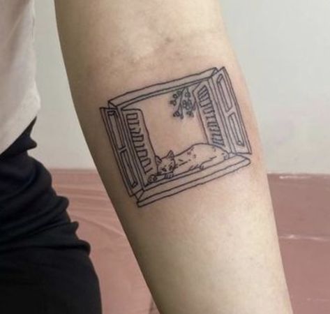 Small Window Tattoo, Cat In Window Tattoo, Cat In A Window, Piano Tattoo, Window Tattoo, Aesthetic Tattoo Ideas, Seal Tattoo, Heart Tattoo Wrist, Shin Tattoo