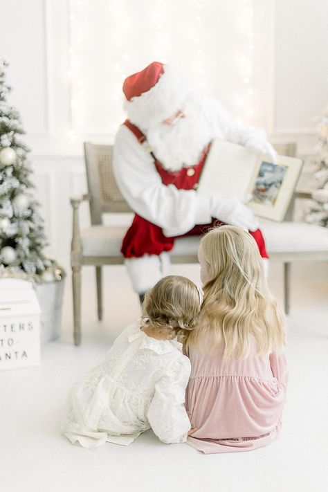 Santa Studio Photography, Sibling Santa Pictures, Christmas Minis With Santa, Santa Studio Sessions, Studio Santa Mini Sessions, Santa Minis Photography, Indoor Santa Mini Sessions, Santa Session Photography, Indoor Mini Session Ideas