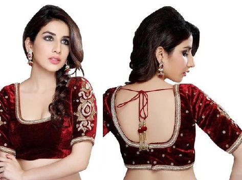 Scarlet Velvet with Embroidery Red Velvet Blouse Designs, Velvet Blouse Designs, Readymade Blouse Online Shopping, Red Velvet Blouse, Designer Saree Blouses, Velvet Blouse Design, Magenta Velvet, Corset Fashion Outfits, Blouse Designs High Neck