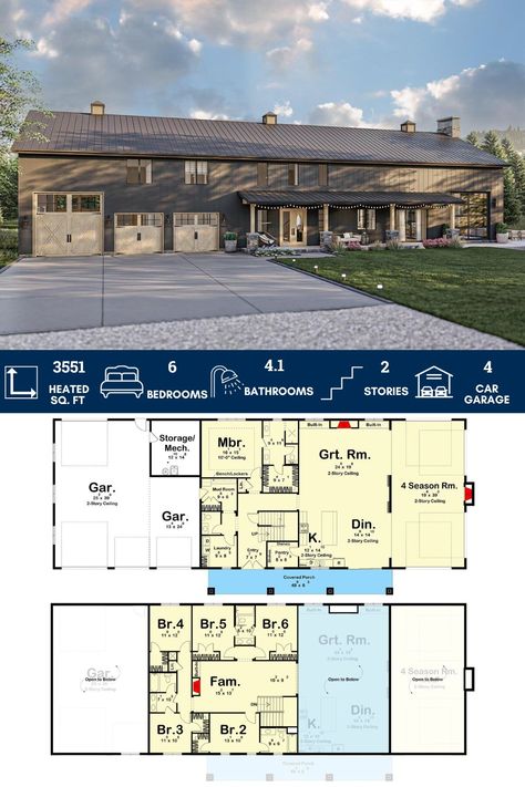 6-Bedroom Barndominium-Style Home Plan with 4-Seasons Room 5 Bed 2 Bath House Plans, Barndominium Plans 5 Bedroom, Large Family Barndominium, Barndominium 6 Bedroom Floor Plans, 5 Bedroom Barndominium With Shop, Barndominium Ideas With Pool, Steel Barndominium Floor Plans, 6 Bed Barndominium Floor Plans, Barndominium With Apartment