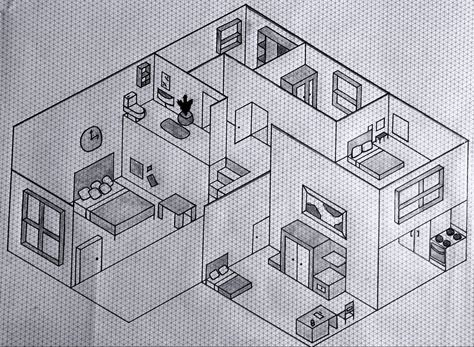 Isometric house Simple Isometric Drawing Exercises, Isometric Drawings, Isometric House, Isometric Drawing Exercises, Autocad Isometric Drawing, Interior Design Sketchbook, Isometric Drawing, Design Sketchbook, Study Design