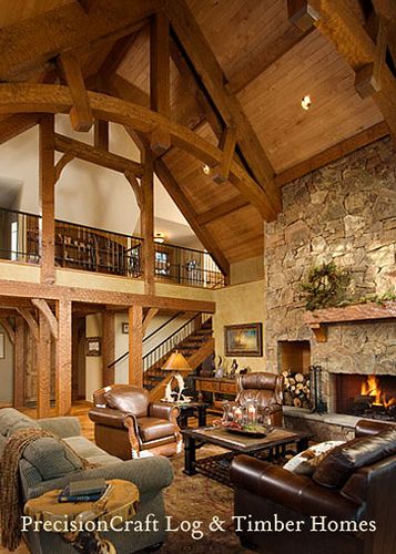 Lodge Staircase, Wood Lodge, Lodge Style Home, Cabin Remodel, Post And Beam Home, Timber Frame House, Log Home Living, Timber Homes, Lodge Cabin