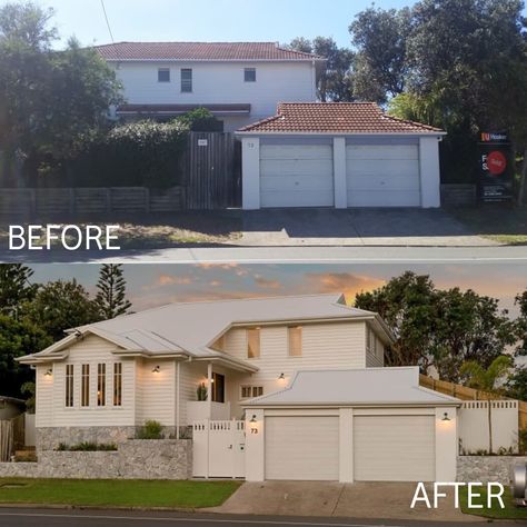 Before and after from the exterior of our Coastal House, a Hamptons style renovation on the beach. Beach House Renovation Before And After, Coastal Homes Exteriors, Queenslander Renovation, Beach House Renovation, House Before And After, House Cladding, Hampton House, Coastal House, House Facade