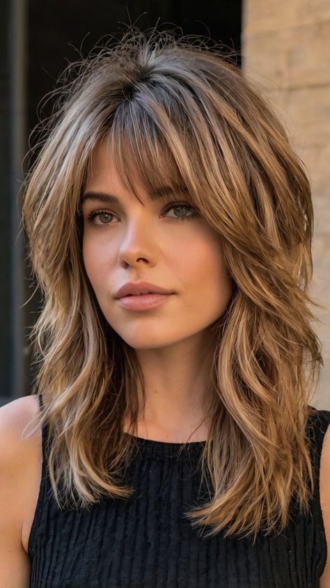 Medium-Length Shag Haircuts Modern Shag With Bangs Medium, 70s Butterfly Layers, Framing Bangs Medium Hair, Long Face Shape Haircuts, Side Part Long Shag Haircut, Curtain Bang Medium Hair, Long Hair With Bangs For Women Over 50, Mid Length Hair With Long Bangs, Medium Hair With Layers And Bangs