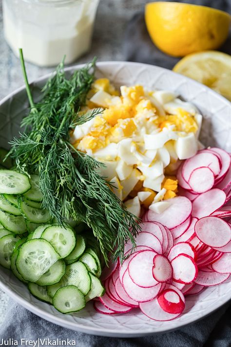 Creamy Dill Cucumber, Radish and Egg Salad Dill Cucumber, Cocktail Garden, Radish Recipes, Creamy Cucumber Salad, Radish Salad, Creamy Cucumbers, Yogurt Dressing, Lettuce Salad, Garden Recipes