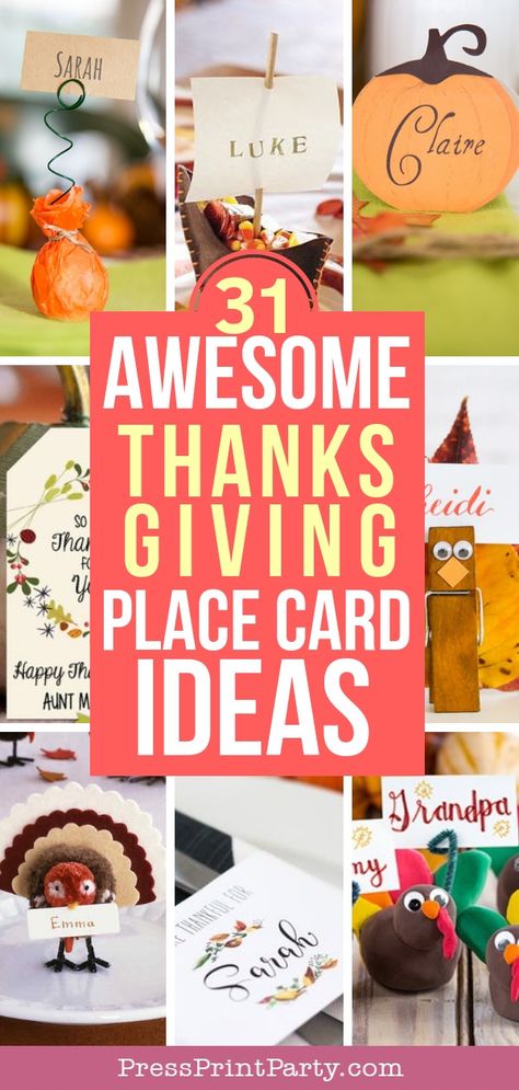 31 AWESOME THANKSGIVING PLACE CARDS Ideas. From turkeys & pumpkins to pilgrims, elegant for kid made craft, DIY or purchase on Etsy, it's all there. by Press Print Party! #thanksgiving #thanksgivingcrafts #thanksgivingtable #placecards #tablescape #placecardholders #thankgivingtablescape #thanksgivingcrafts #thanksgivingcraftsforkids Place Setting Thanksgiving, Easy Place Cards, Diy Placecard, Thanksgiving Table Favours, Table Favors For Thanksgiving, Thanksgiving Table Settings Name Cards, Cute Thanksgiving Place Settings, Thanksgiving Diy Place Cards, Thanksgiving Placecards Ideas For Kids