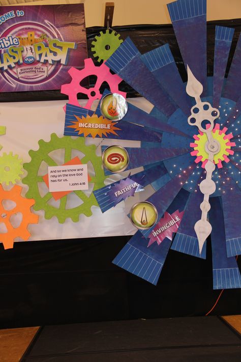 Gears, time decor ideas... Time Travel Art For Kids, Time Travel Theme Ideas, Time Travel Party Decorations, Time Travel Decorations Vbs, Time Travel Decorations, Physics Lab Decoration Ideas, Time Machine Decorations, Avengers Party Decorations, Maker Fun Factory Vbs 2017