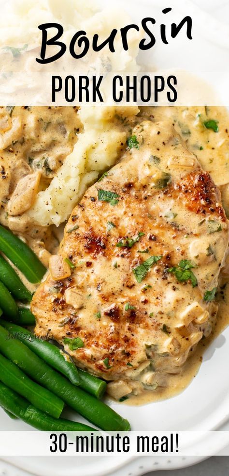 a plate with a pork chop in sauce, green beans, mashed potatoes, and text overlay that reads boursin pork chops - 30 minute meal! Boursin Recipes, Pork Entrees, Pork Chop Recipes Baked, Pork Chop Dinner, Pork Loin Recipes, Boursin Cheese, Pork Dinner, Tenderloin Recipes, Pork Tenderloin Recipes