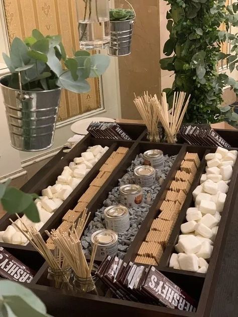 Smores Board Wedding, Graduation Smores Bar, Smores Bar Graduation Party, Smore Wedding Station, Smores Table Bonfires, Diy Smore Station, Smores Backyard Party, Smores Bar For Party, S’mores Table Ideas