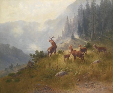 A beautiful oil painting of a buck or elk with several females in a mountain meadow Deer Painting, Art Paintings For Sale, Beautiful Oil Paintings, Deer Art, China Painting, Forest Landscape, Painting Wallpaper, Vintage Artwork, Wildlife Art