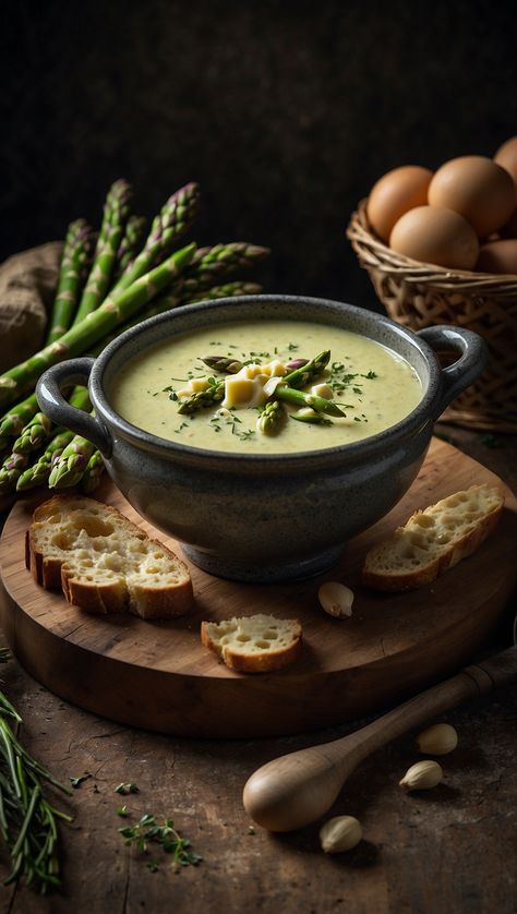 A bowl of creamy asparagus soup garnished with fresh asparagus and served with slices of bread on a wooden board, surrounded by fresh asparagus spears and ingredients. Soup Photography, Cream Of Asparagus, Gourmet Soup, Cream Of Asparagus Soup, Asparagus Soup, Gourmet Dinner, Fresh Asparagus, Food Photography Styling, Perfect Appetizers