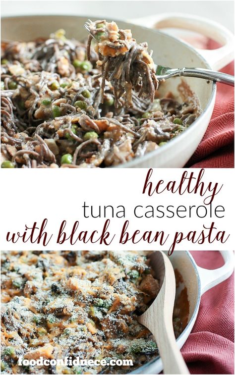 Healthy tuna casserole with black bean pasta. The perfect weeknight recipe that will please the whole family! Black Bean Spaghetti Recipes, Black Bean Pasta Recipes, Healthy Tuna Casserole, Black Bean Spaghetti, Bean Pasta Recipes, Black Bean Pasta, Healthy Tuna, Perfect Pantry, Bean Pasta