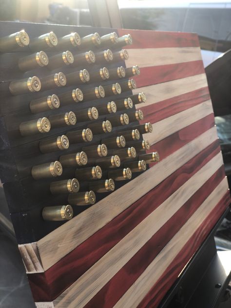 Wood Flag with Bullet casing stars Wood Burned American Flag, Wood Flag Ideas, Flag Design Ideas, High School Project, Bullet Art, Wooden Flag, American Flag Wood, Wood Flag, Bullet Casing