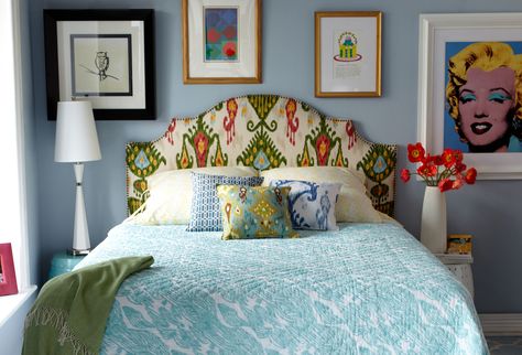 Obsessed with this upholstered ikat headboard! Headboard Ideas, Spring Decorating, House Bedrooms, Diy Headboard, Bedroom Headboard, Pattern Play, Jonathan Adler, Awesome Bedrooms, Upholstered Headboard