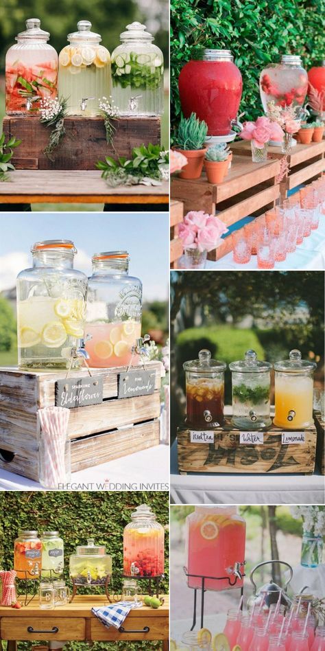 Diy Wedding Bar, Wedding Food Bars, Wedding Drink Bar, Rustic Wedding Foods, Drink Stations, Wedding Drink Station, Wedding Food Stations, Backyard Wedding Decorations, Reception Drink