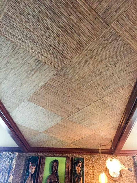 A grasscloth bamboo ceiling for my home tiki bar, The Mahalo Lounge - Retro Renovation Tropical Ceiling Design, Tiki Ceiling, Reed Ceiling, Tornado Room, Boho Ceiling, Home Tiki Bar, Rattan Ceiling, Bamboo Roof, Bamboo Ceiling