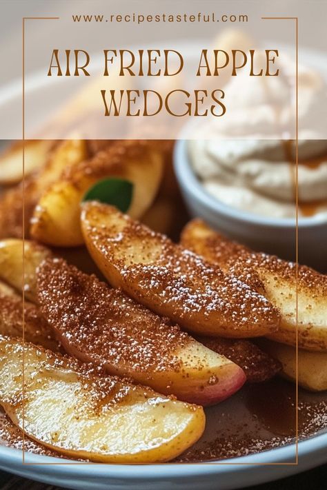 These Air Fried Apple Wedges are a delightful treat, featuring tender, cinnamon-spiced apples paired with a creamy caramel whipped cream dipping sauce. Quick and easy to make, they offer a satisfying crunch and sweetness that's perfect for any occasion. Air Fried Apple, Caramel Whipped Cream, Fried Apple, Cream Dip, Apple Sauce Recipes, Creamy Caramel, Fried Apples, Gluten Free Snacks, Spiced Apples