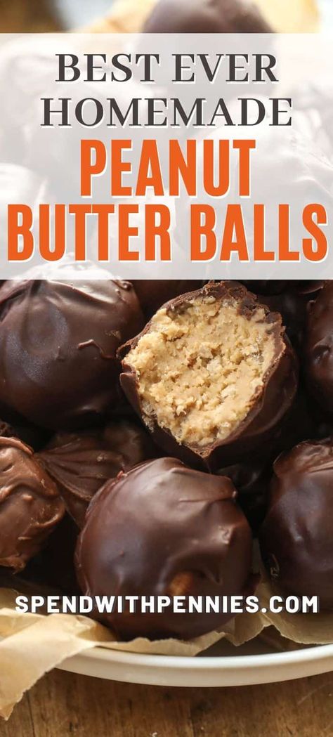 Peanut butter balls are an easy homemade treat! Made with rice krispies and graham crackers they are the perfect balance of sweet and crunchy! Dipped in melted chocolate this no-bake recipe is sure to be a hit! #spendwithpennies #peanutbutterballs #nobake #cookies #dessert #peanutbutter #homemade No Bake Peanut Butter Balls, Peanut Butter Balls Recipe, No Bake Peanut Butter, Spend With Pennies, Butter Balls, Homemade Peanut Butter, Peanut Butter Balls, Melting Chocolate Chips, Melted Chocolate