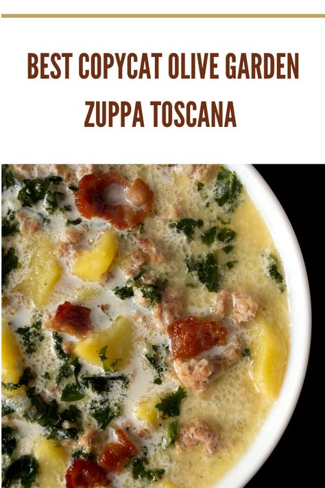 Recreate Olive Garden's famous Zuppa Toscana with this easy and flavorful copycat recipe! Loaded with Italian sausage, fresh kale, and tender potatoes in a rich, creamy broth, this dish is perfect for cozy dinners, meal prepping, or impressing your family. Enjoy the best copycat version of this classic soup from the comfort of your own kitchen. Pin now and experience restaurant-quality flavor in every spoonful! #ZuppaToscana #CopycatRecipe #OliveGardenRecipe #ComfortFood #SoupSeason #FamilyDinners #EasyRecipes #MealPrep #DinnerIdeas Tuscany Soup Olive Garden Recipe, Olive Garden Soup Toscana, Olive Garden Soup Zuppa, Zupa Toscana Soup, Copycat Olive Garden Zuppa Toscana, Copycat Olive Garden Zuppa, Experience Restaurant, Copycat Zuppa, Zuppa Toscana Soup Olive Garden