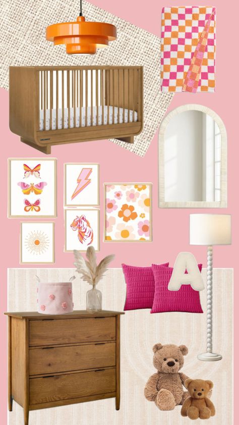 #nursery#pinknursery#orangenursery#girlnursery#babygirlnursery#funkynursery#70snursery#toddlerroom#jellycat#moderncrib Orange Nursery, Baby Room Inspiration, Future Baby, Pink Orange, Baby Room, Room Inspiration, Pink And Orange, Nursery, Baby Shower