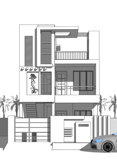 House Outer Design Drawing, House Design Drawing Sketch Exterior, Modern House Drawing Sketches, Banglow Elevation, Indian House Exterior Design, House Design Drawing, 20x40 House Plans, 3 Storey House, 3 Storey House Design