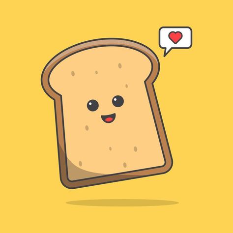 Desayuno kawaii rebanada de pan sobre fondo amarillo rebanada de pan con icono de amor Toasted Bread, Cartoon Stickers, Cute Food, Vector Art, Pikachu, For Free, Clip Art, Bread, ? Logo