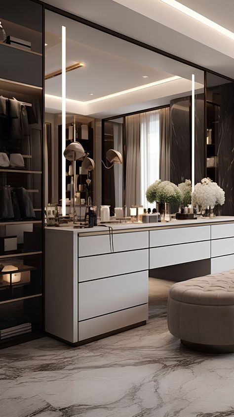 Make Up Area In Bedroom Master Suite, Dream Vanity Room, Walk In Closet Luxury Modern Master Bedrooms, Make Up Room Luxury, Dressing Room With Vanity, Dresser Room Ideas, Luxury Rooms Bedroom Modern, Masters Bedroom Interior Design, Luxury Closet Designs Master Suite