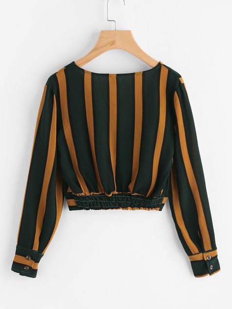 V Neckline Striped Surplice Crop Top -SheIn(Sheinside) Fancy Tops, Fashion Tops Blouse, Trendy Fashion Tops, Stylish Dresses For Girls, Crop Top Outfits, Fashion Attire, Stylish Dress Designs, Girls Fashion Clothes, Teenage Fashion Outfits