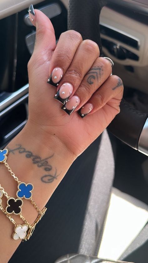 Black French Tip Birthday Nails, Short Black Frenchies, Black French Tip Nails With Rhinestones, Acrylic Nails Black Women, Black Frenchies, Acrylic Nails Black, Nails Black Women, Drip Nails, Colored Acrylic Nails