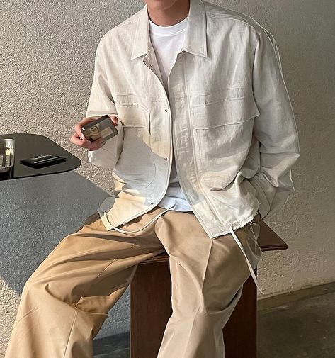 White Jacket Outfit Men Aesthetic, Neutral Colors Outfits Men, Japan Casual Outfits Men, White Overshirt Men Outfit, Beige Trousers Outfit Men, Mens Streetwear Aesthetic, Modern Black Table, White Jacket Outfit, Trousers Outfit Men