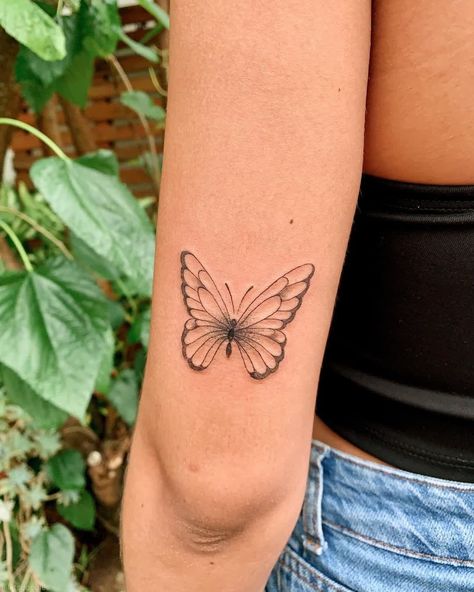 Butterfly On Inner Arm Tattoo, Butterfly Lines Tattoo, Above Elbow Butterfly Tattoo, Fine Line Butterfly Tattoo Arm, Butterfly Tattoo Behind Elbow, Butterfly Tattoo Behind Arm, Fine Line Butterfly Tattoo Design, Butterfly Tattoo Above Elbow, Butterfly Tattoo Elbow