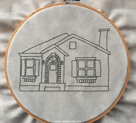 How To Embroider Your House, Embroidery Of House, House Embroidery Pattern Simple, How To Embroider A House, How To Embroider A Picture, Embroidered House Portrait, House Embroidery Design, Embroidery House Pattern, House Embroidery Pattern